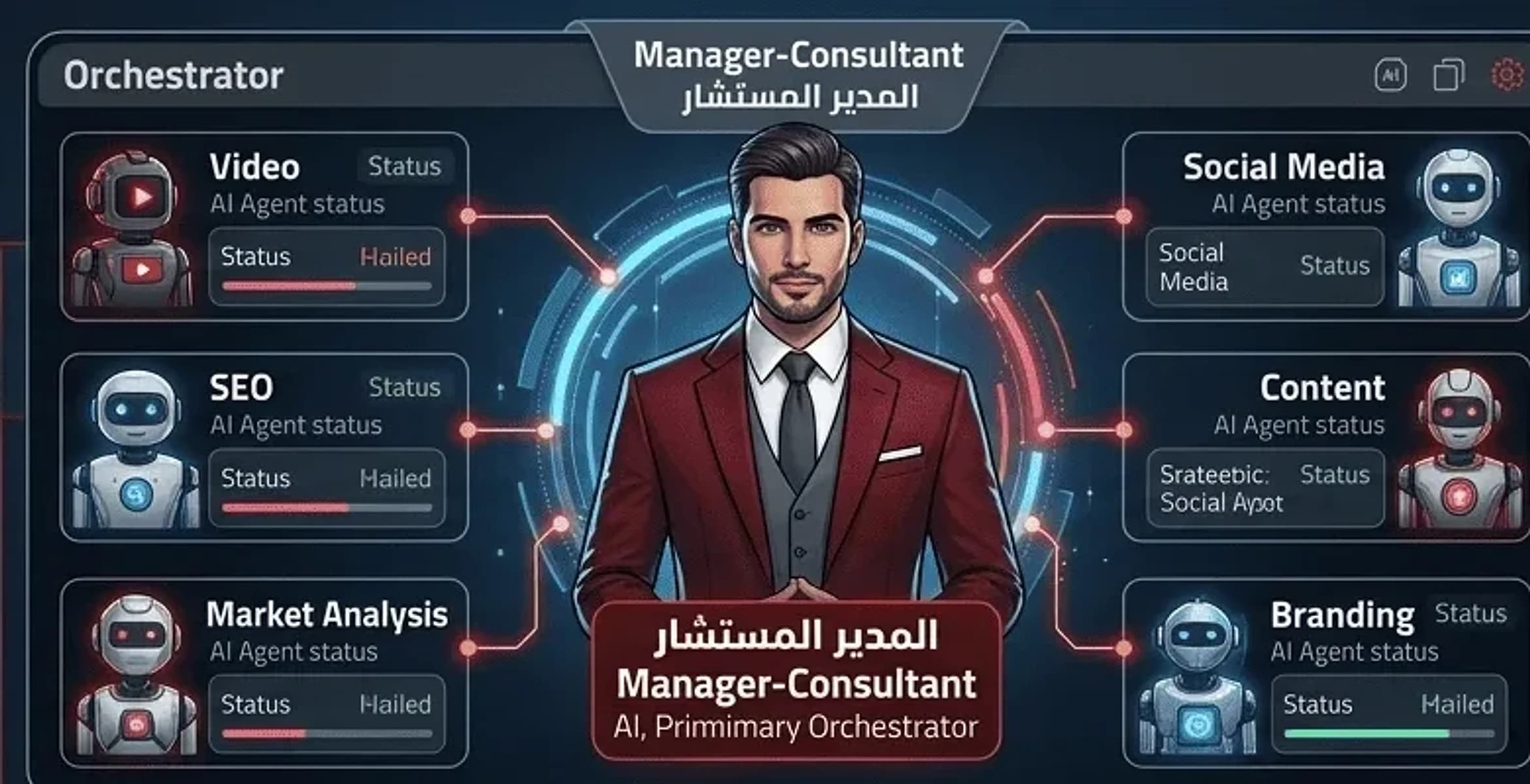 الهيكل السداسي لوكلاء كوانتيكسيس الذاتيين حول المدير المستشار
